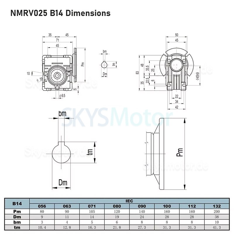 NMRV025 56B14 Rund Schneckengetriebe Untersetzung 10:1/20:1/30:1/40:1/50:1/60:1 Eingangsbohrung 9mm
